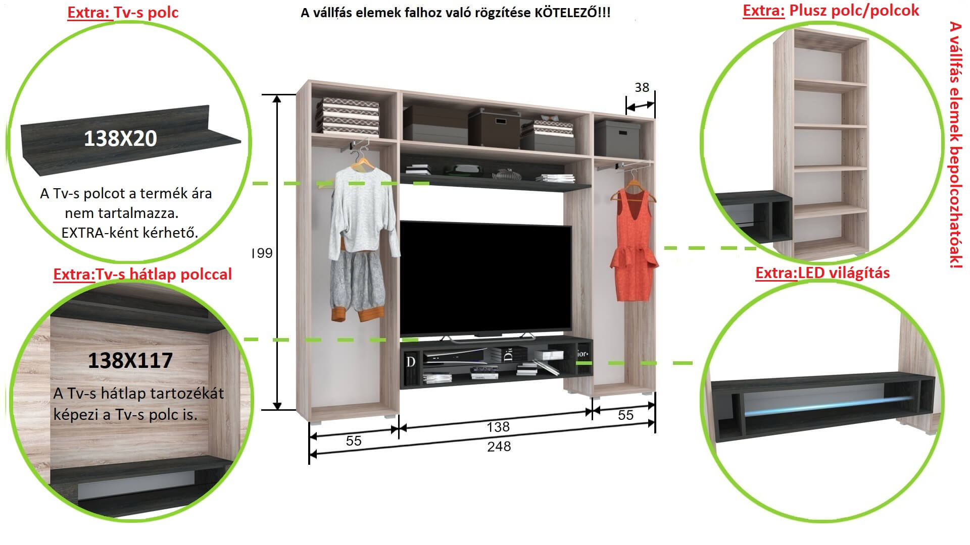 Corpus Logens 05 248 cm Sonoma-Magasfényű Fehér 138 cm-es Tv-s hátlappal Nappali sor