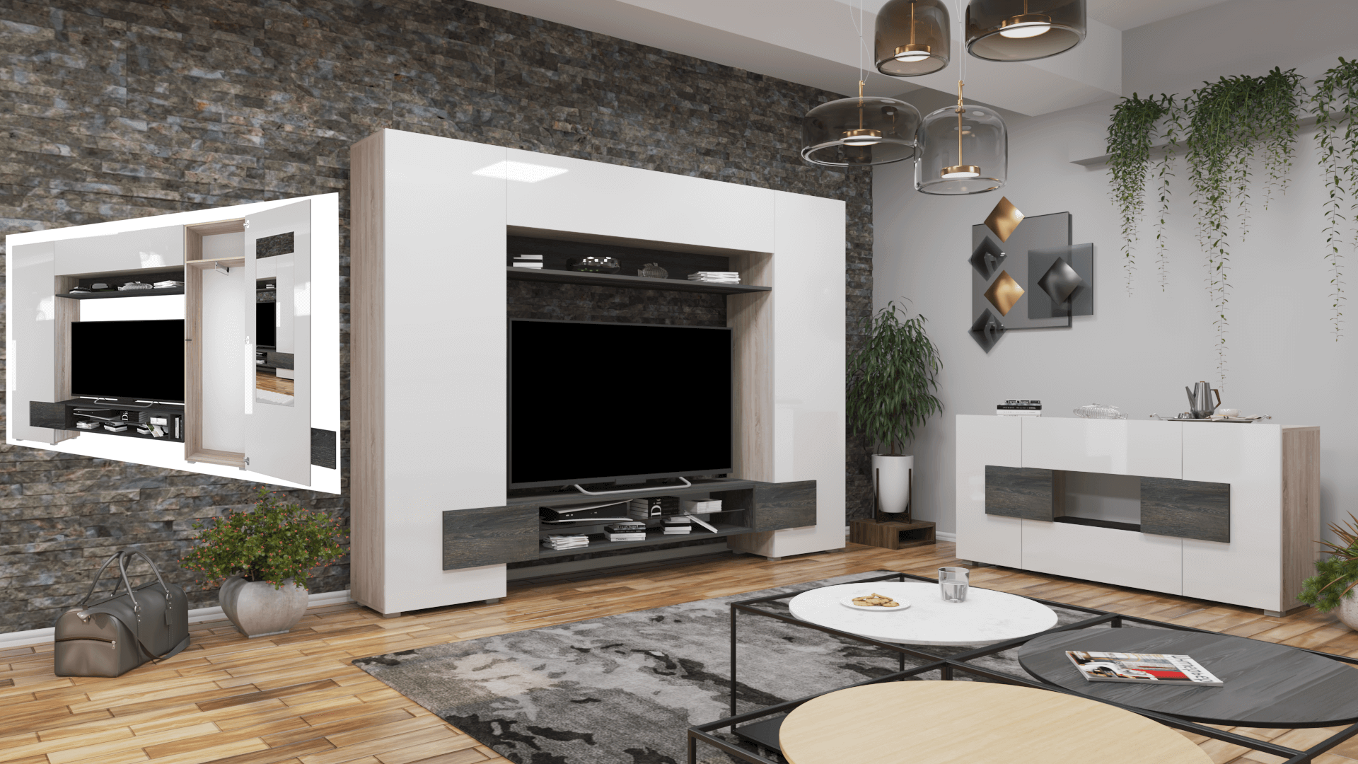 Corpus Logens 06 270 cm Sonoma-Magasfényű Fehér 160 cm-es Tv-s hátlappal Nappali sor