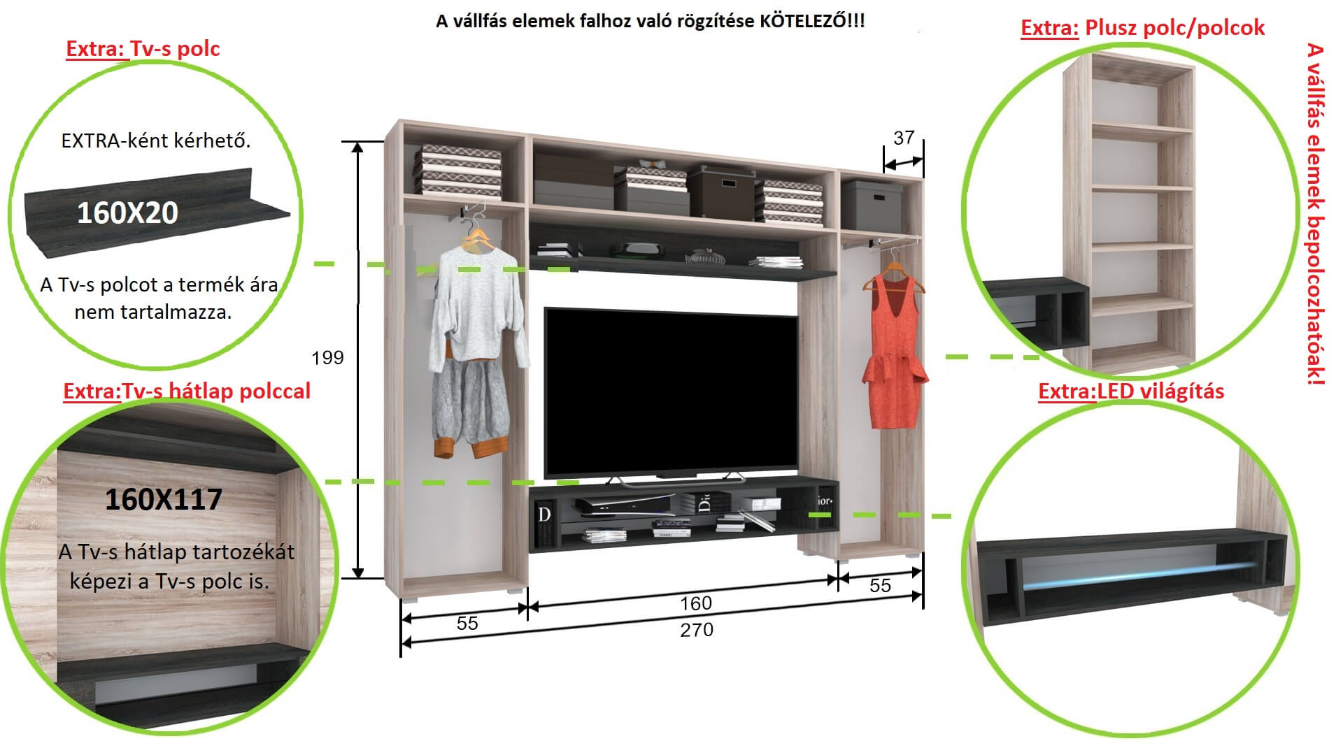 Corpus Logens 06 270 cm Sonoma-Magasfényű Fehér 160 cm-es Tv-s hátlappal Nappali sor