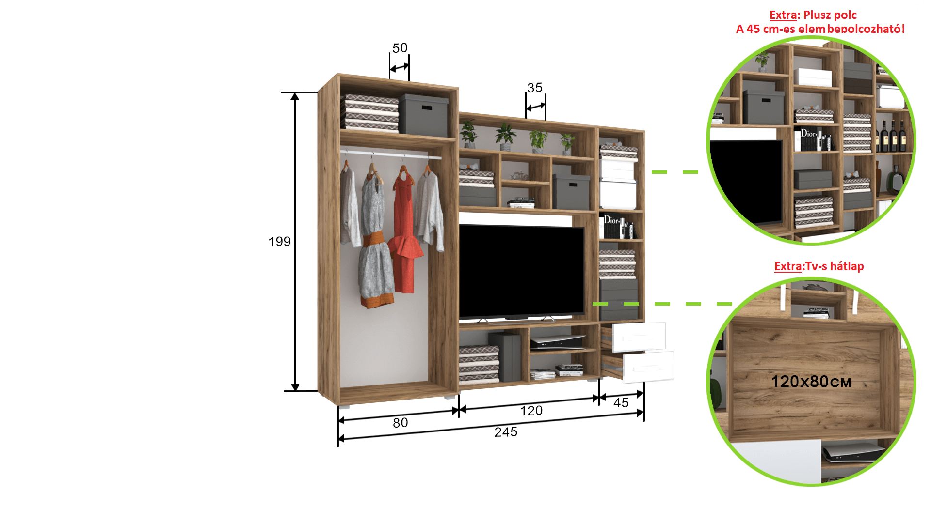 Corpus Sonic 1  245 cm 120 cm-es Tv-s hátlappal Szekrénysor