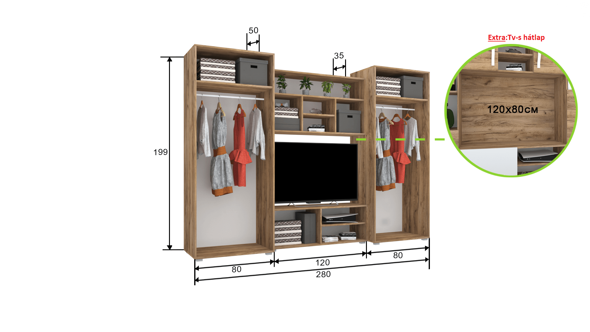 Corpus Sonic 2  280 cm 120 cm-es Tv-s hátlappal Szekrénysor