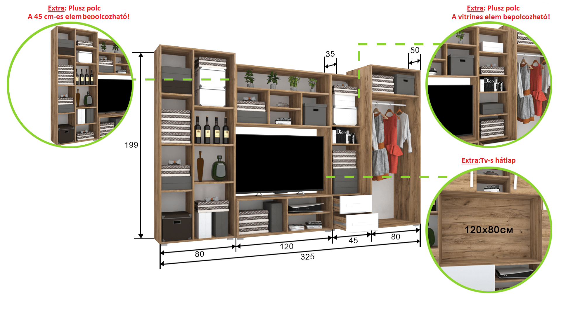 Corpus Sonic 5 325 cm 120 cm-es Tv-s hátlappal Szekrénysor