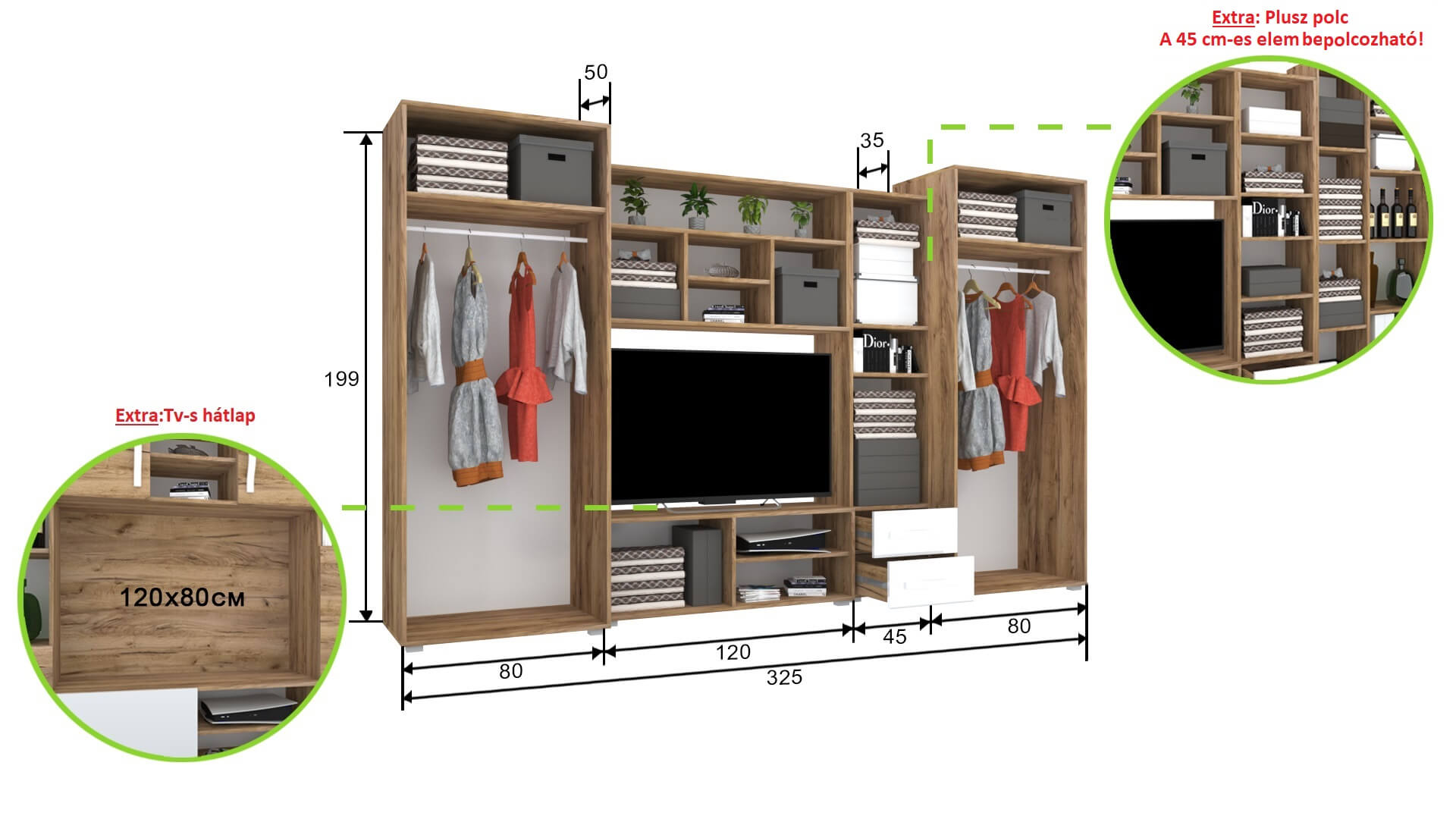 Corpus Sonic 6 325 cm 120 cm-es Tv-s hátlappal Szekrénysor