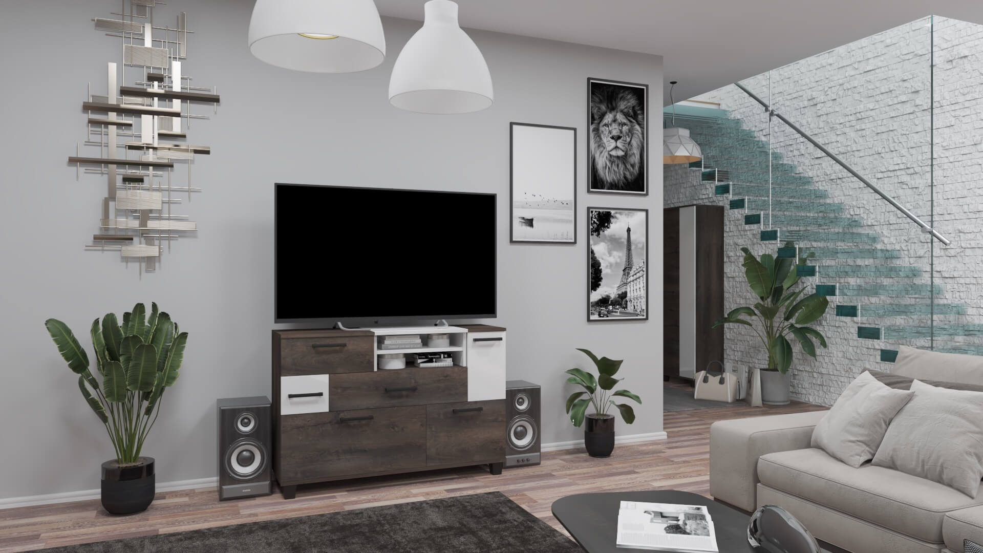 Corpus Garden TV-s Komód 130 cm Iszap Tölgy-Magasfényű Fehér