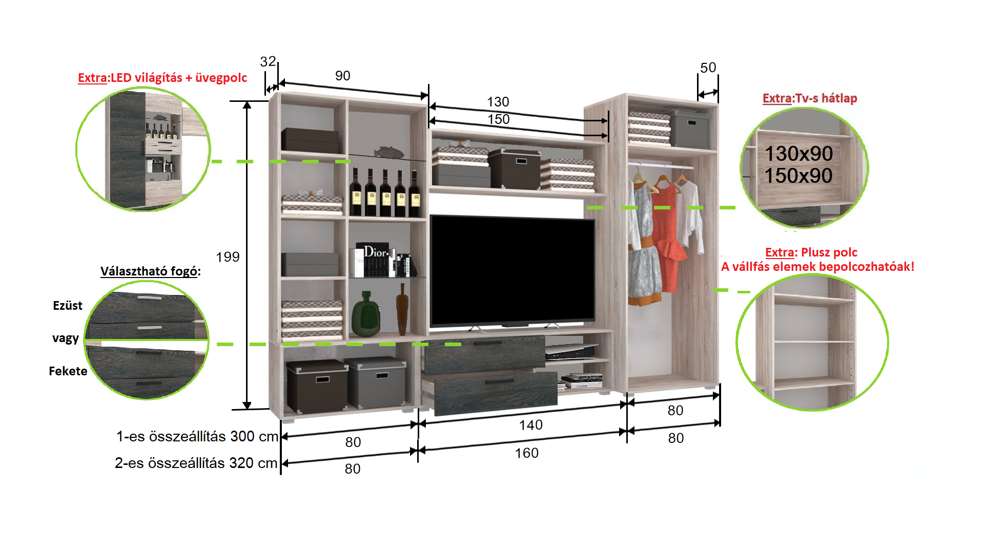Corpus Capri 2-es összeállítás 320 cm 150 cm-es Tv-s hátlappal Szekrénysor