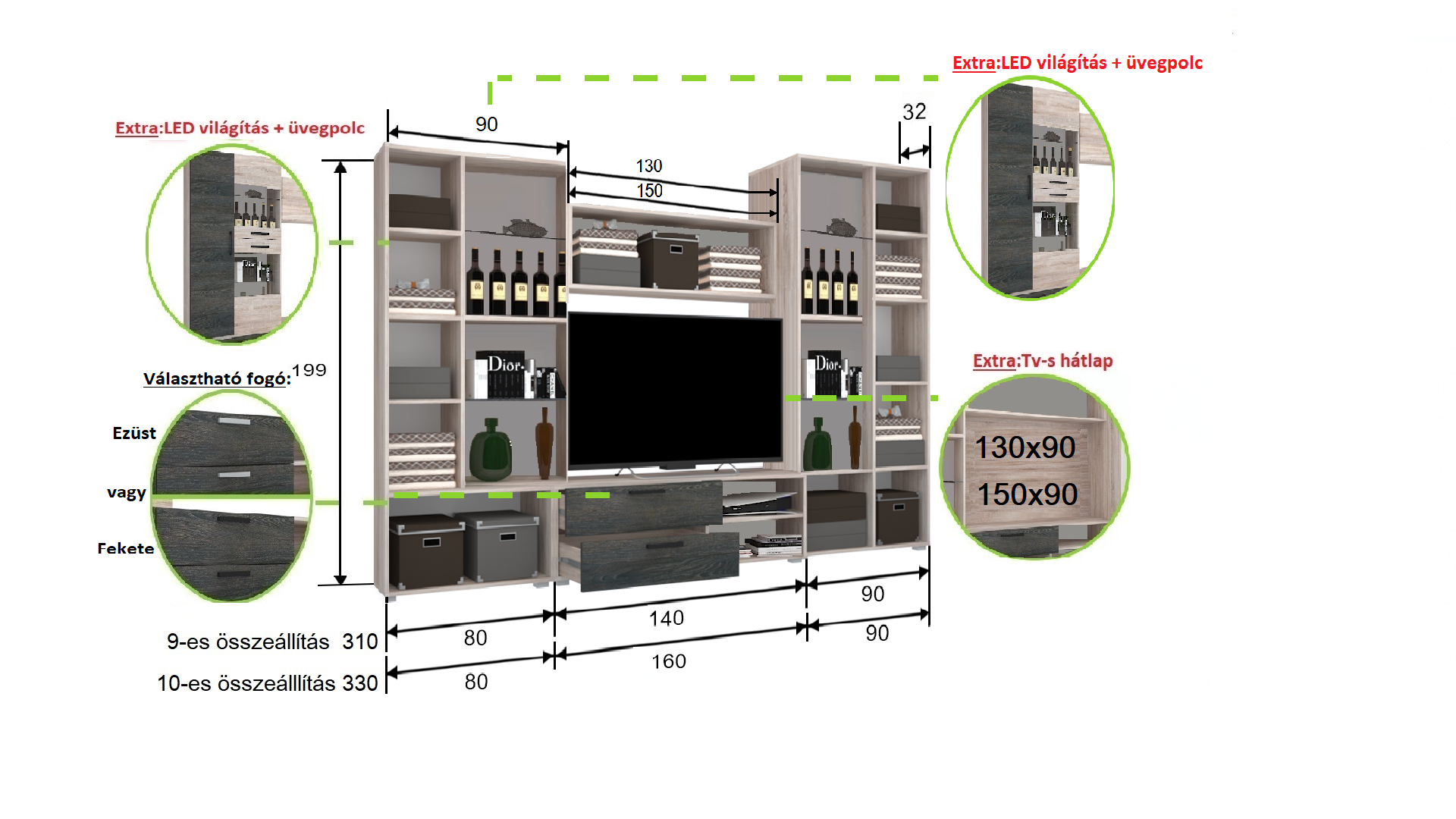 Corpus Capri 9-es összeállítás 310 cm 130 cm-es Tv-s hátlappal Szekrénysor